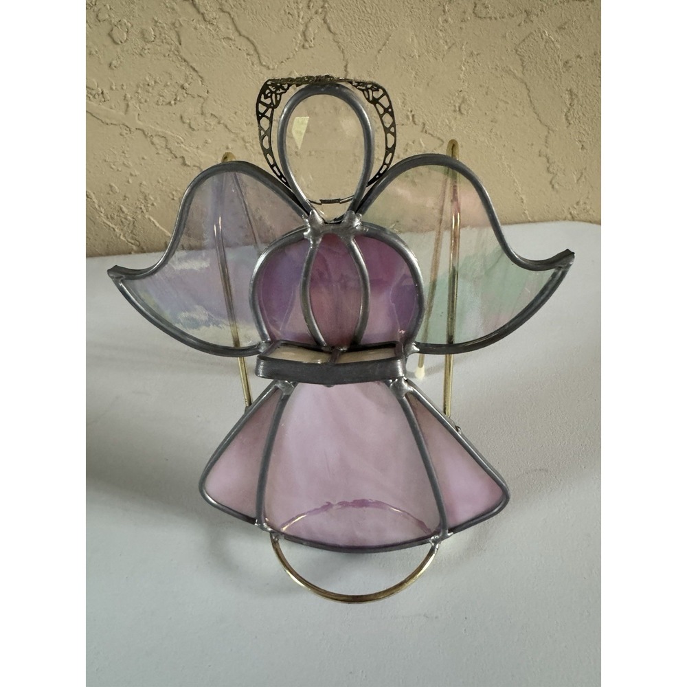 Vintage Stained Glass Angel Holding Book Figurine Suncatcher Crystal Head